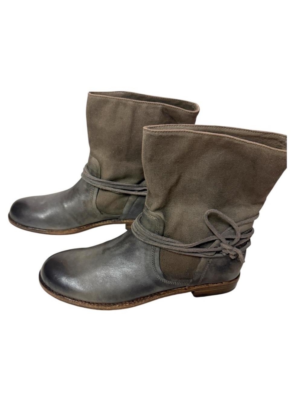 Patricia Nash Sabbia Grey Leather Canvas Wrap  Distressed Ankle Moto Boots, Sz 9